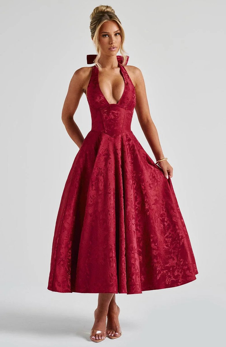 Women's Christmas Party Dress Open-Back Halter Flared Midi