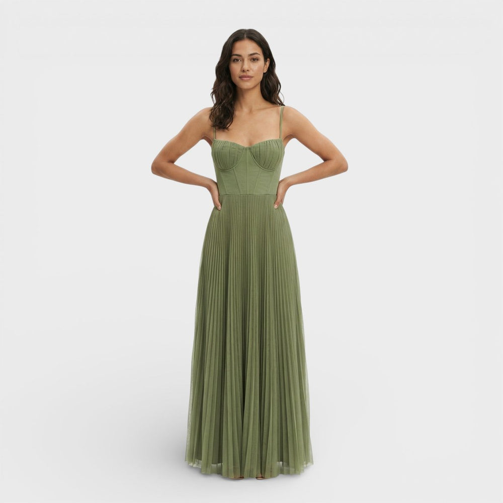 Women's Christmas Party Dress Pleated Corset Bodice Maxi Gown