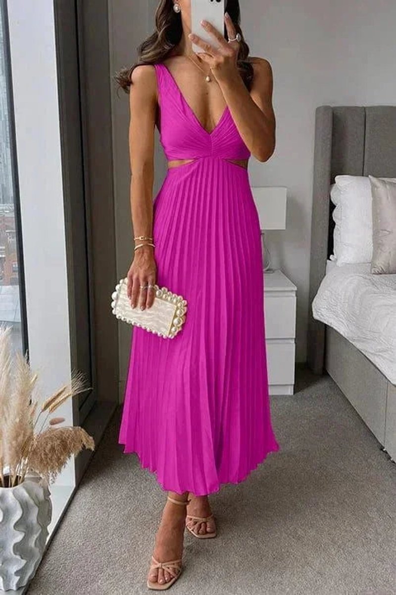 Women's Christmas Party Dress Pleated Cutout V-Neck Sleeveless Midi