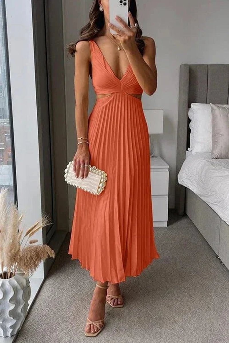 Women's Christmas Party Dress Pleated Cutout V-Neck Sleeveless Midi