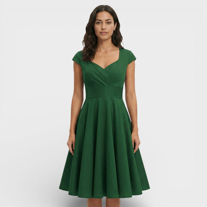 Women's Christmas Party Dress Pleated V-Neck Midi Flared Skirt