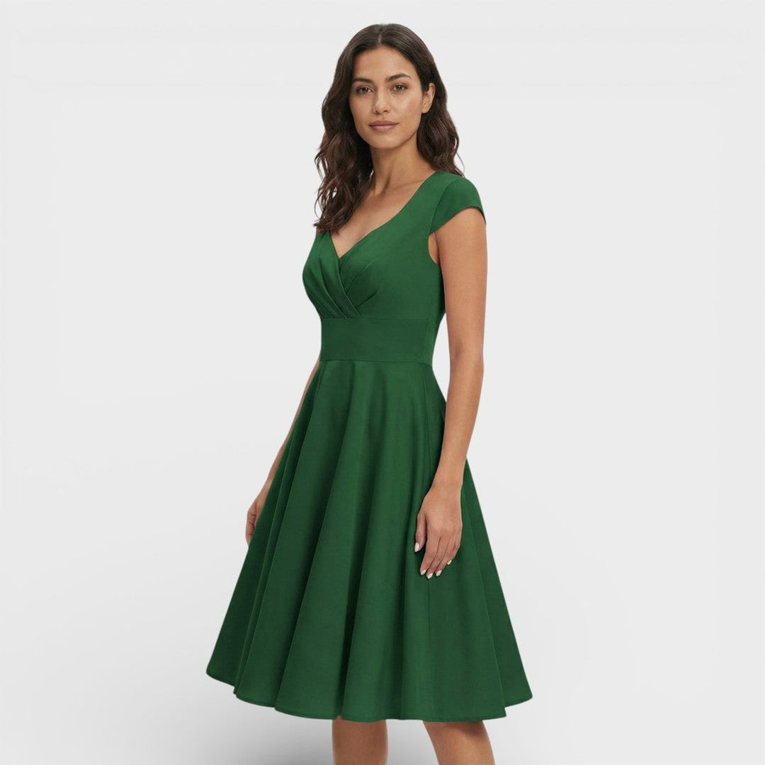 Women's Christmas Party Dress Pleated V-Neck Midi Flared Skirt