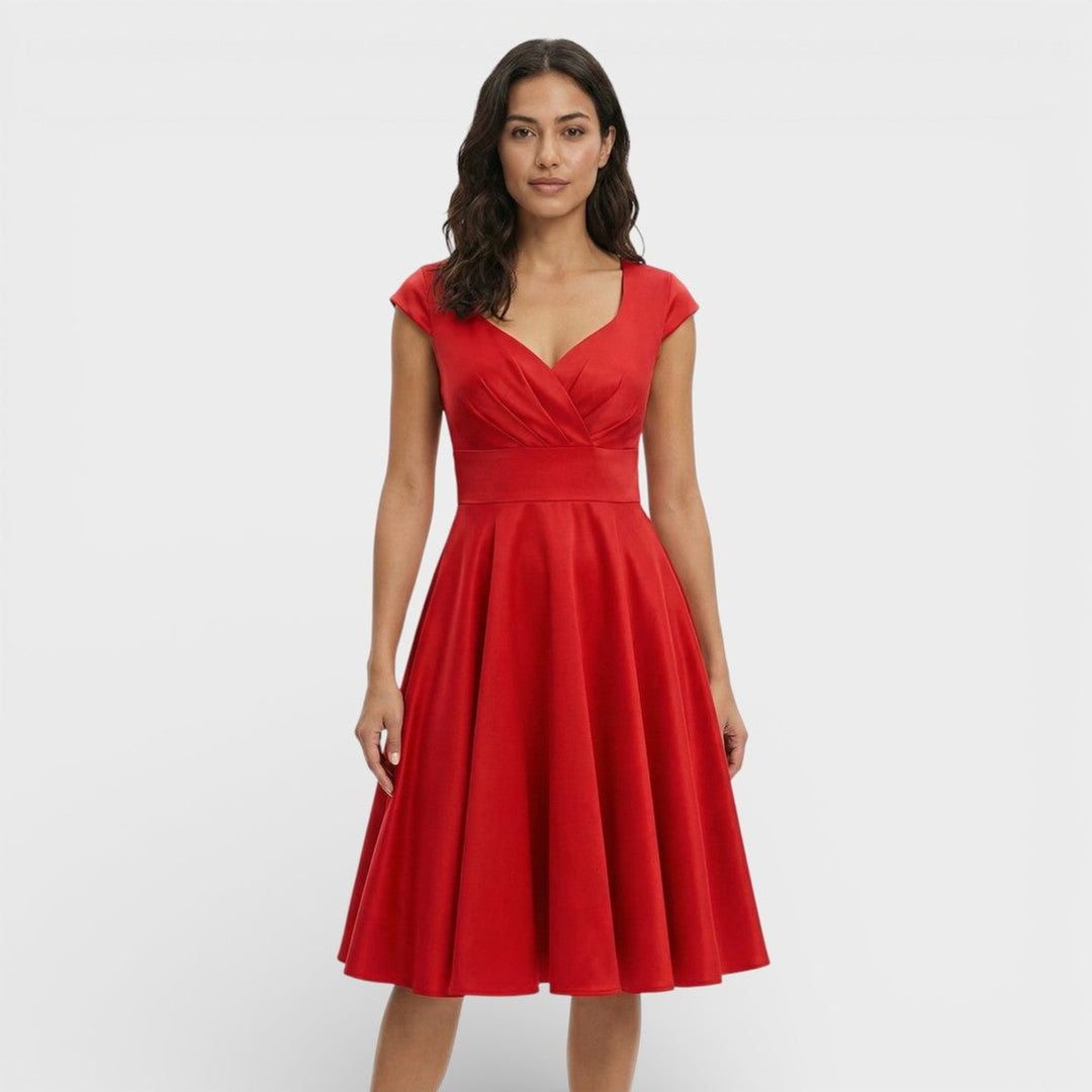 Women's Christmas Party Dress Pleated V-Neck Midi Flared Skirt