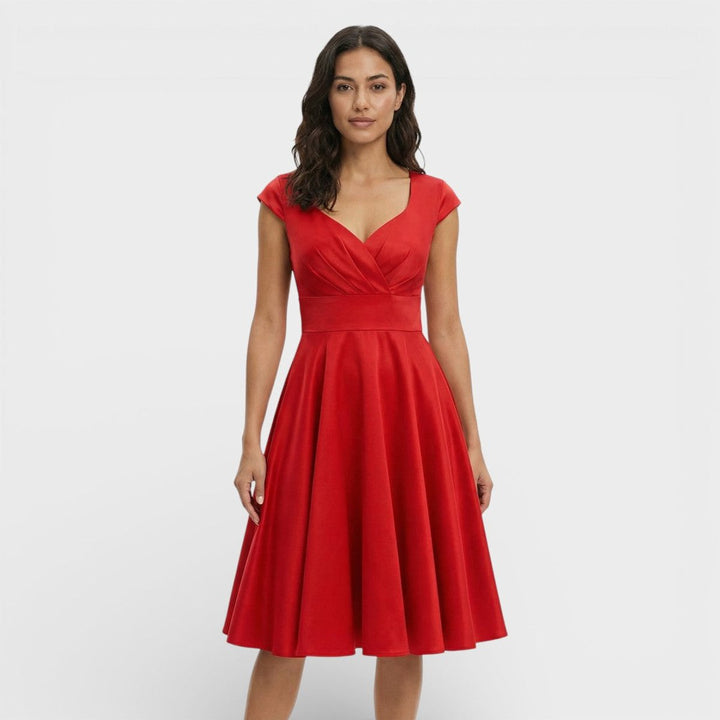 Women's Christmas Party Dress Pleated V-Neck Midi Flared Skirt