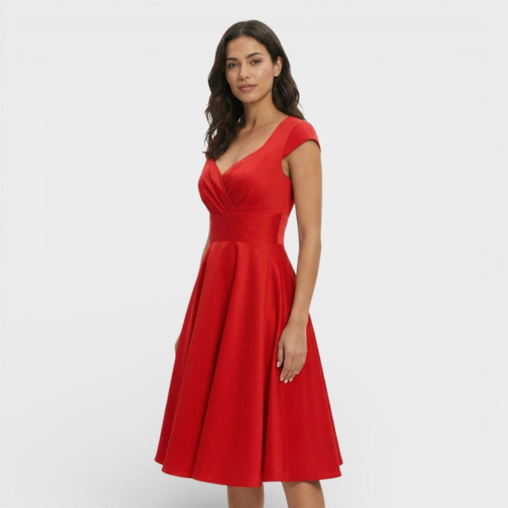 Women's Christmas Party Dress Pleated V-Neck Midi Flared Skirt