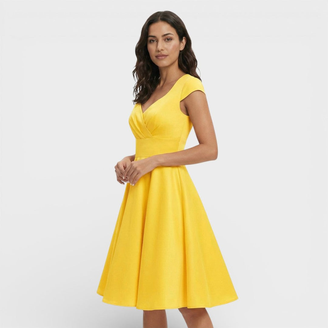 Women's Christmas Party Dress Pleated V-Neck Midi Flared Skirt