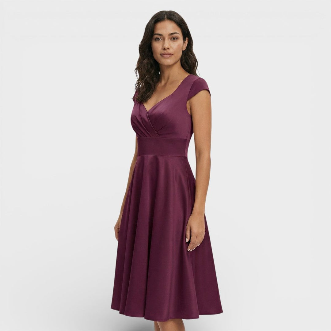 Women's Christmas Party Dress Pleated V-Neck Midi Flared Skirt