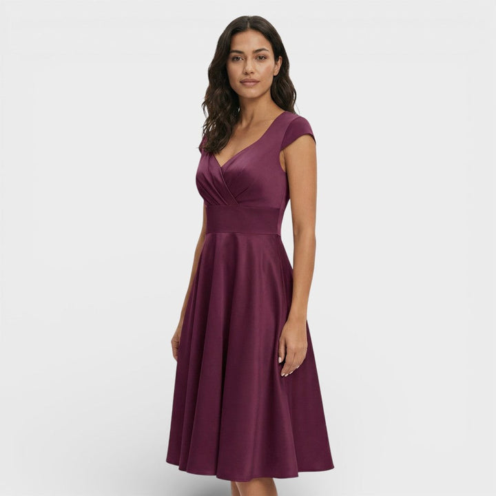 Women's Christmas Party Dress Pleated V-Neck Midi Flared Skirt