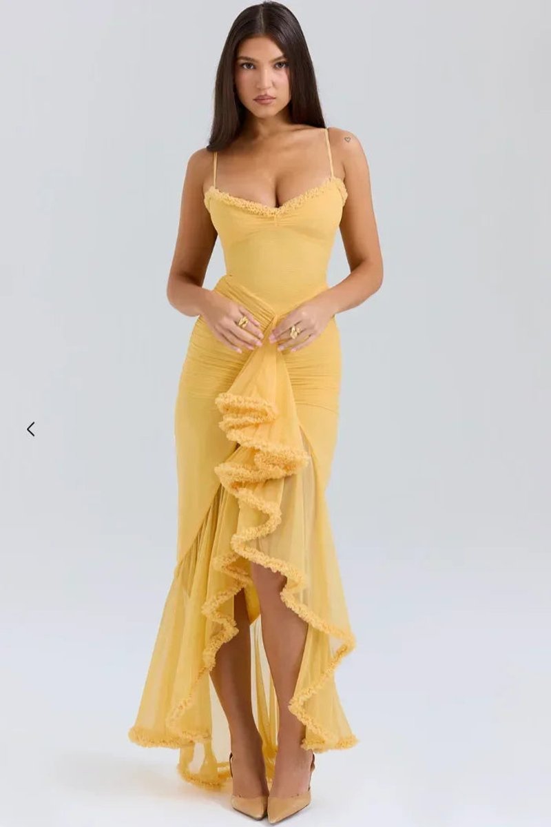 Women's Christmas Party Dress Ruffle Midi Spaghetti Strap Gown