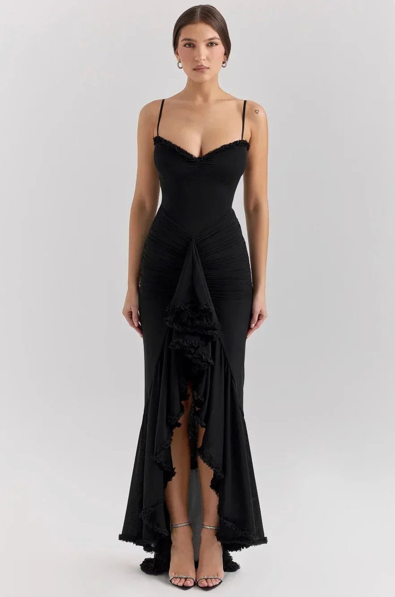 Women's Christmas Party Dress Ruffle Midi Spaghetti Strap Gown
