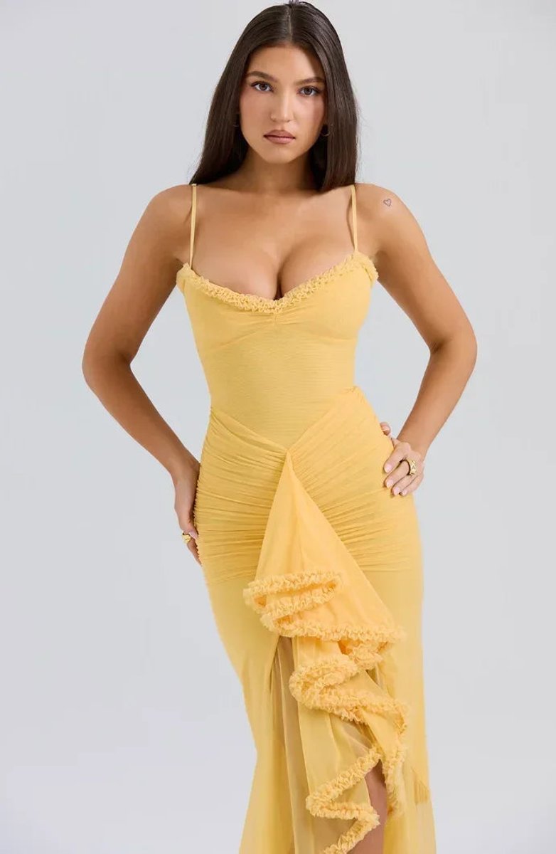 Women's Christmas Party Dress Ruffle Midi Spaghetti Strap Gown
