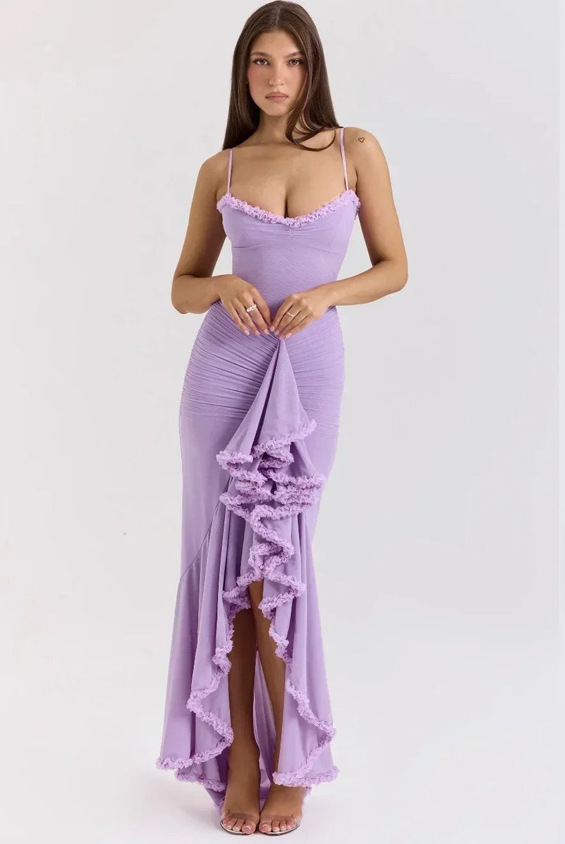 Women's Christmas Party Dress Ruffle Midi Spaghetti Strap Gown