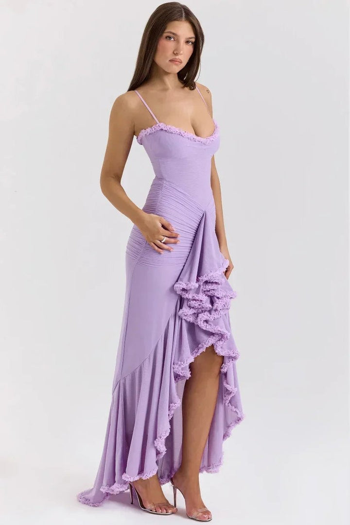 Women's Christmas Party Dress Ruffle Midi Spaghetti Strap Gown