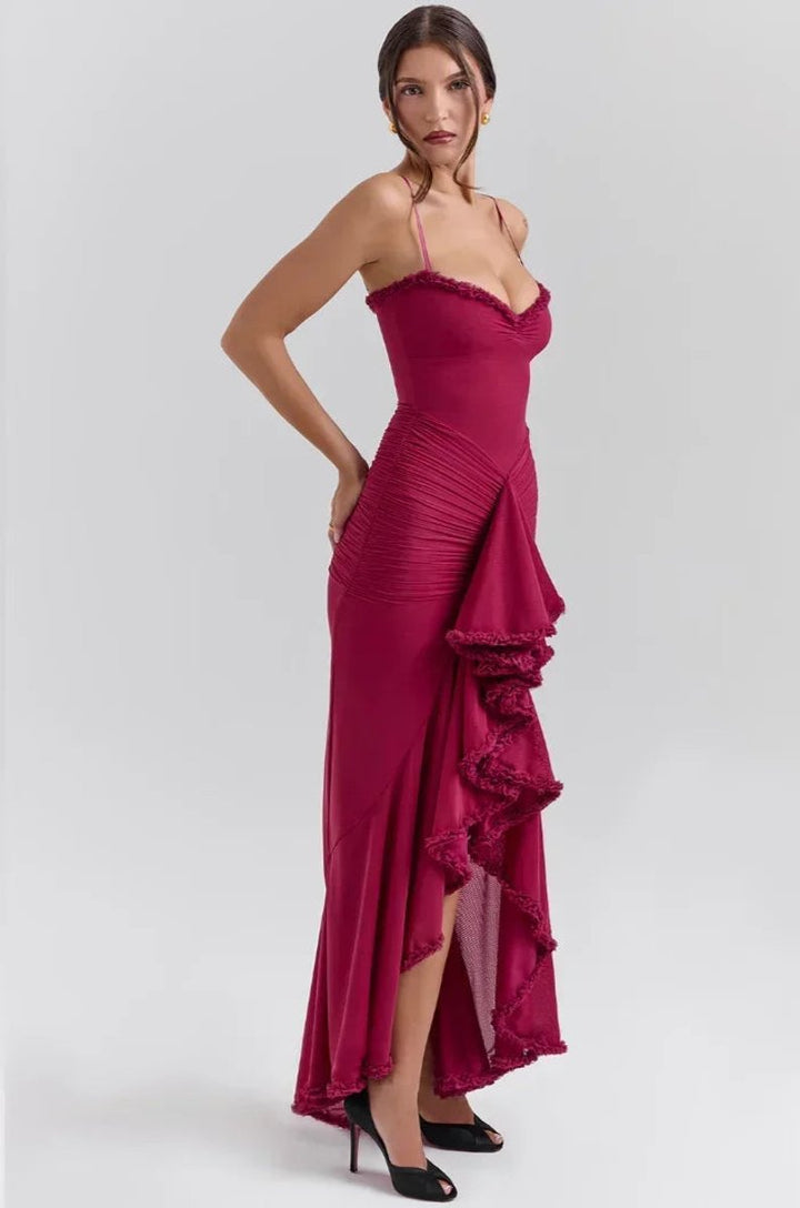 Women's Christmas Party Dress Ruffle Midi Spaghetti Strap Gown