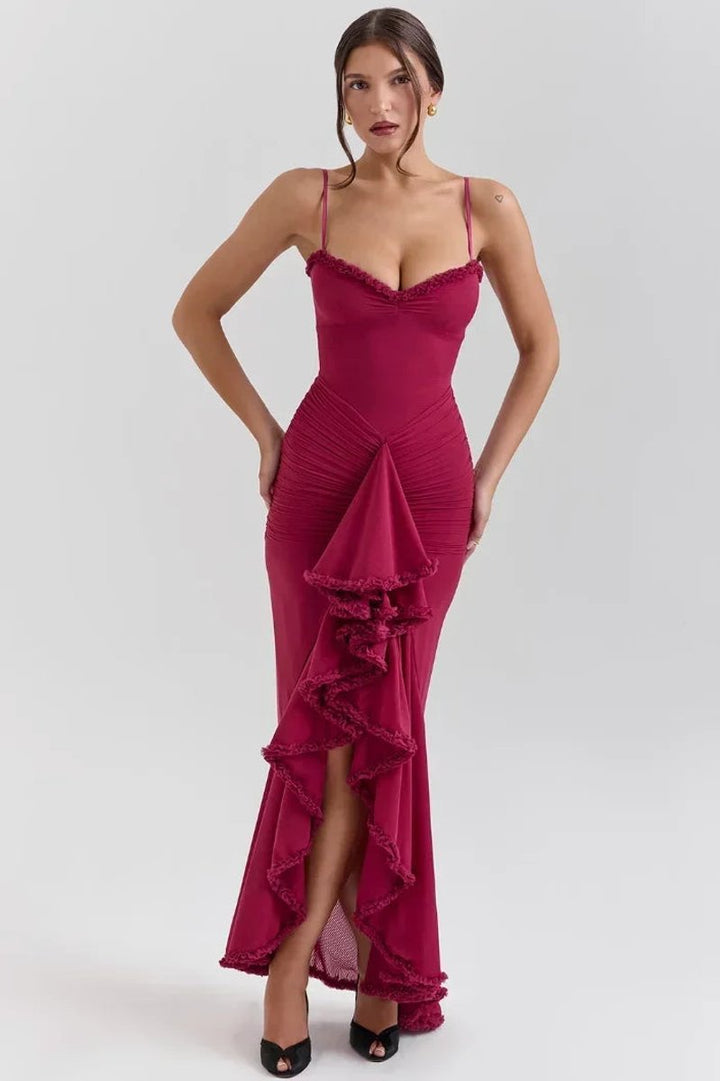 Women's Christmas Party Dress Ruffle Midi Spaghetti Strap Gown