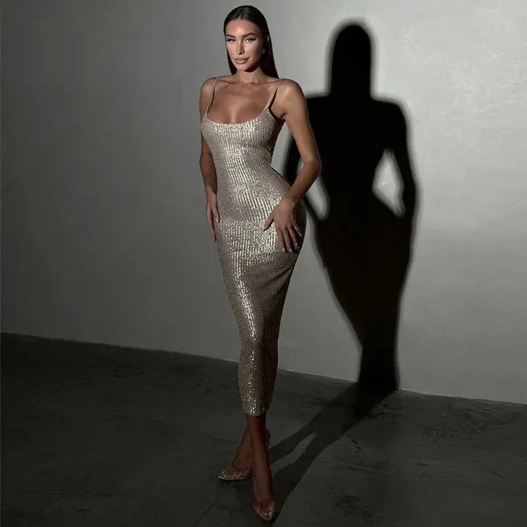 Women's Christmas Party Dress Sequin Fitted Spaghetti Strap Midi