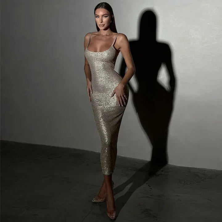 Women's Christmas Party Dress Sequin Fitted Spaghetti Strap Midi