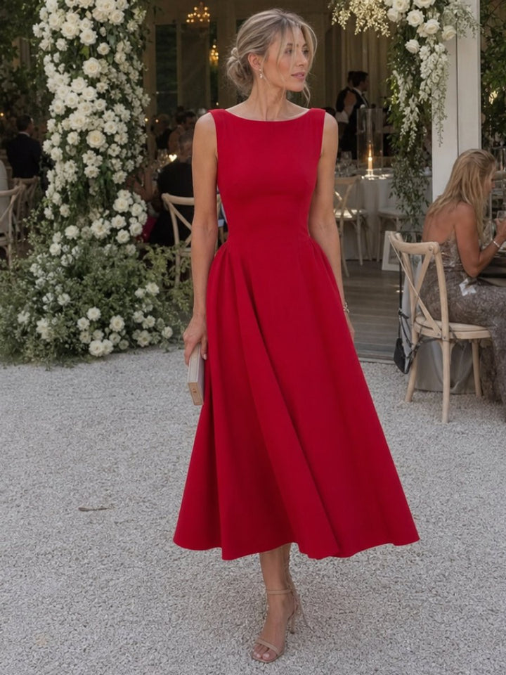 Women's Christmas Party Dress Sleeveless Fitted Bodice Midi Dress