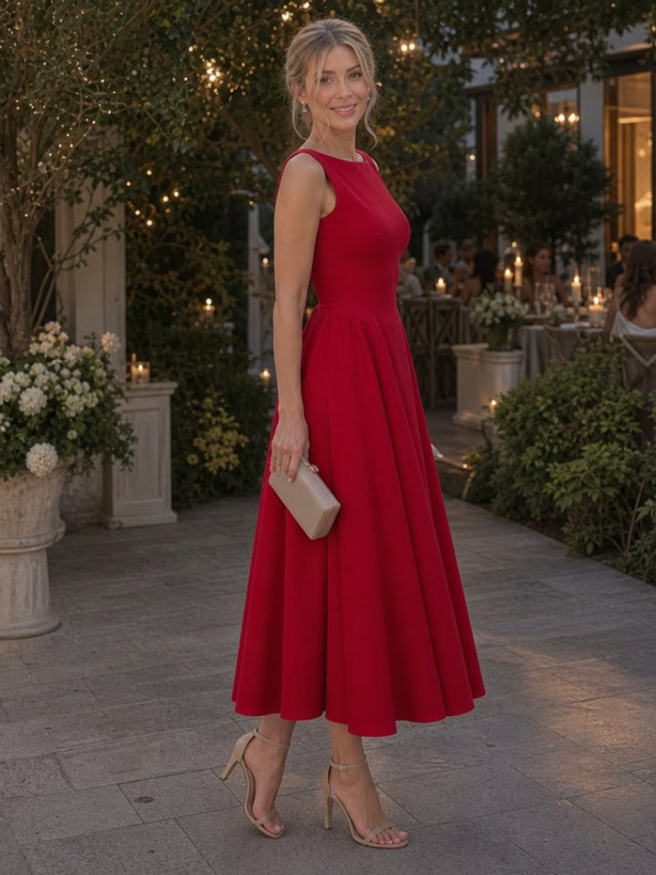 Women's Christmas Party Dress Sleeveless Fitted Bodice Midi Dress