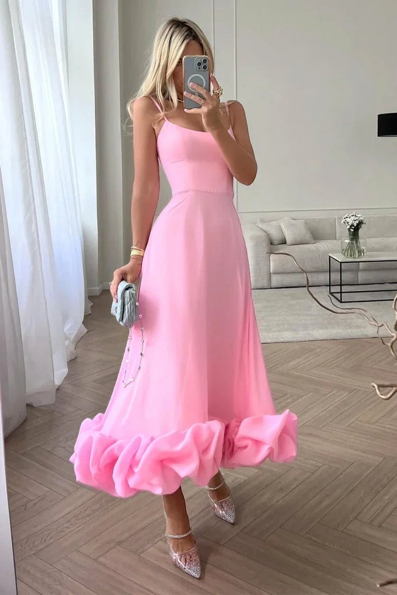 Women's Christmas Party Dress Spaghetti Strap Ruffle Hem Midi