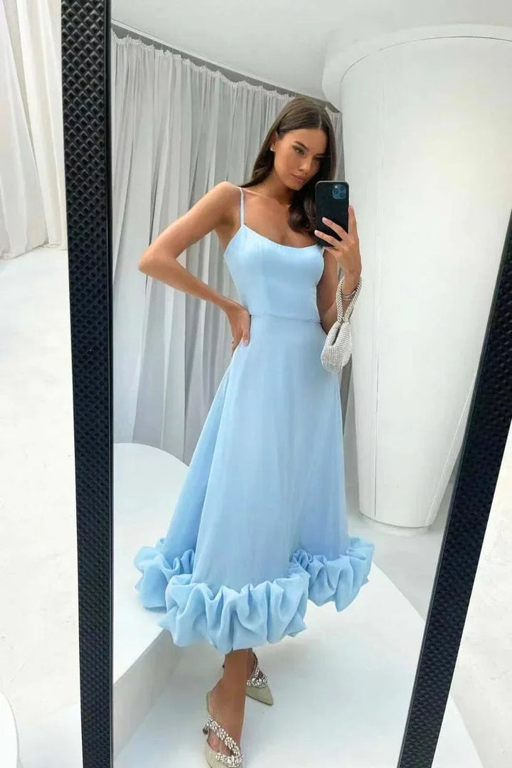 Women's Christmas Party Dress Spaghetti Strap Ruffle Hem Midi