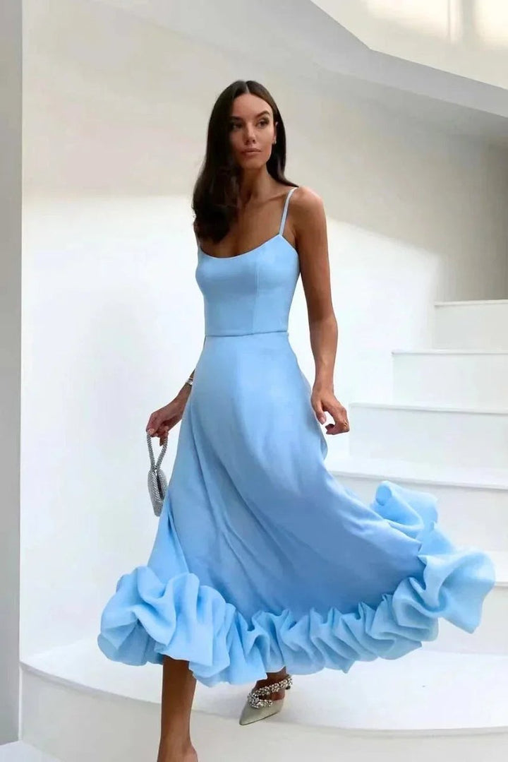 Women's Christmas Party Dress Spaghetti Strap Ruffle Hem Midi