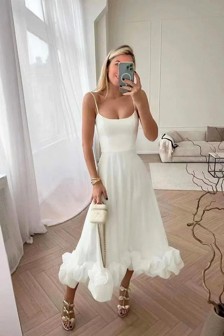 Women's Christmas Party Dress Spaghetti Strap Ruffle Hem Midi