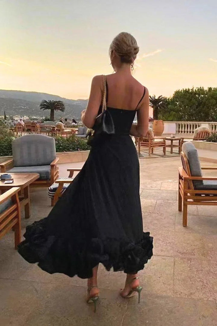 Women's Christmas Party Dress Spaghetti Strap Ruffle Hem Midi