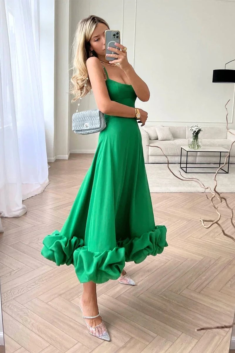 Women's Christmas Party Dress Spaghetti Strap Ruffle Hem Midi