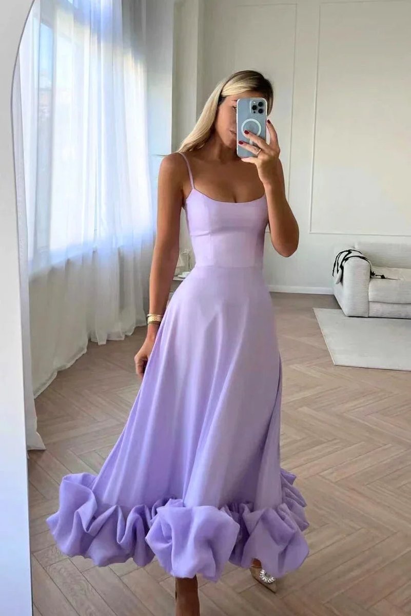 Women's Christmas Party Dress Spaghetti Strap Ruffle Hem Midi