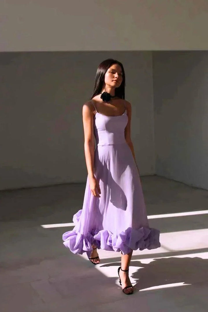 Women's Christmas Party Dress Spaghetti Strap Ruffle Hem Midi