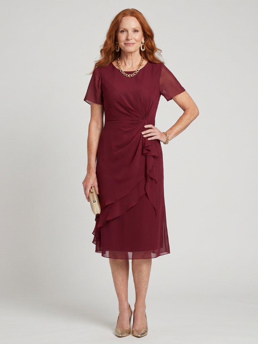 Women's Christmas Party Dress Twist-Waist Layered Midi Chiffon
