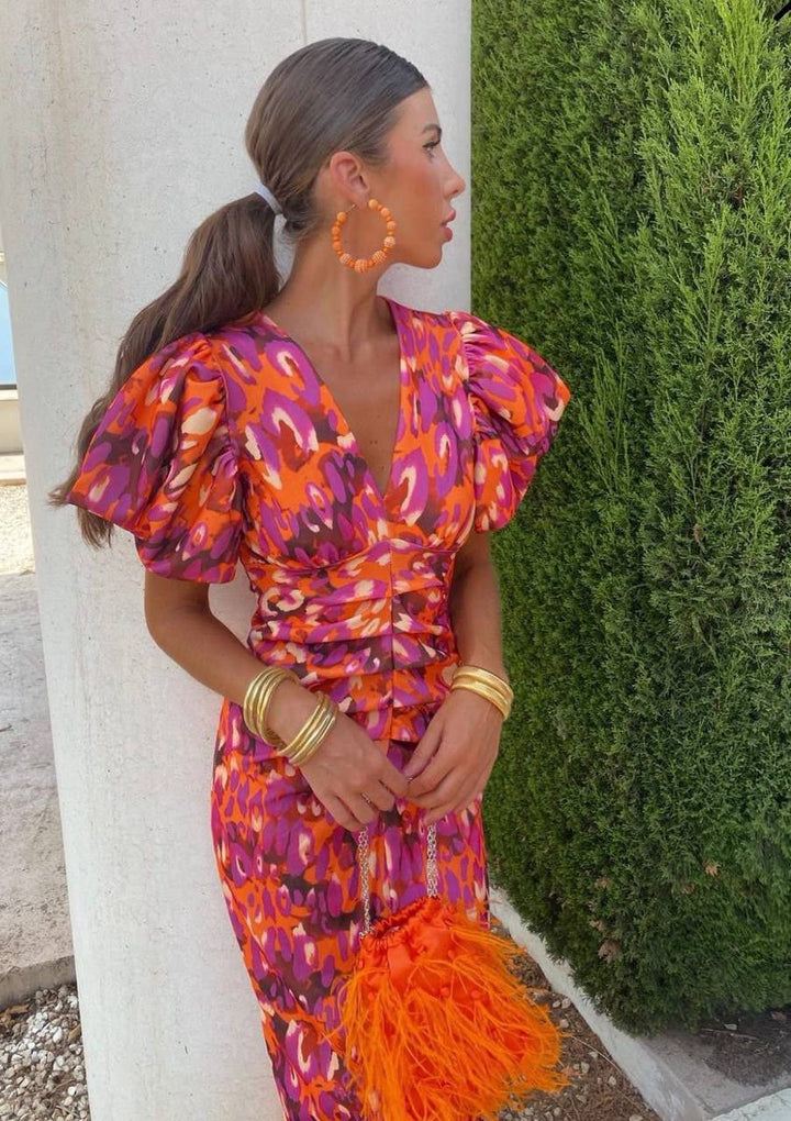 Women's Christmas Party Dress Vibrant Print V-Neck Puff Sleeve Midi
