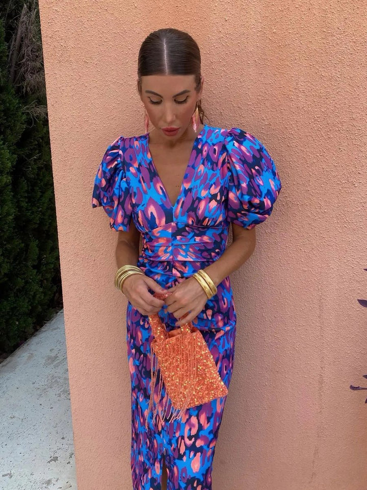 Women's Christmas Party Dress Vibrant Print V-Neck Puff Sleeve Midi