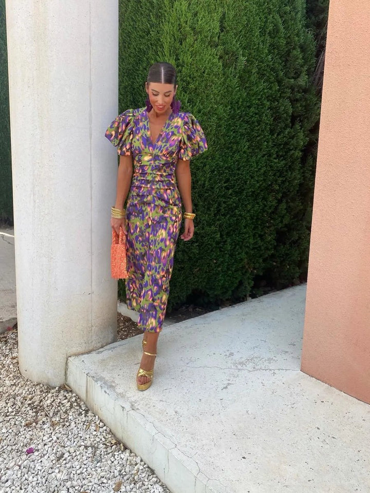 Women's Christmas Party Dress Vibrant Print V-Neck Puff Sleeve Midi