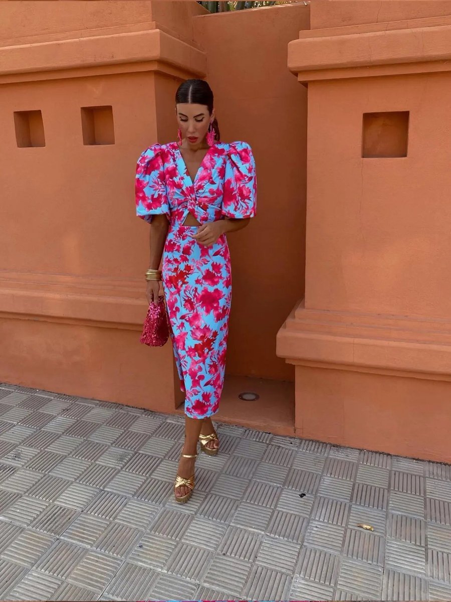 Women's Christmas Party Dress Vibrant Print V-Neck Puff Sleeve Midi