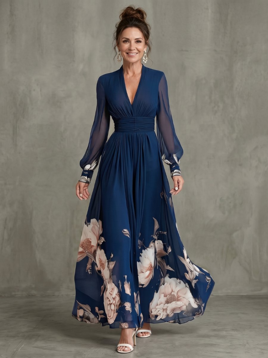 Women's Christmas Party Maxi Dress Pleated V-Neck Sheer Sleeves