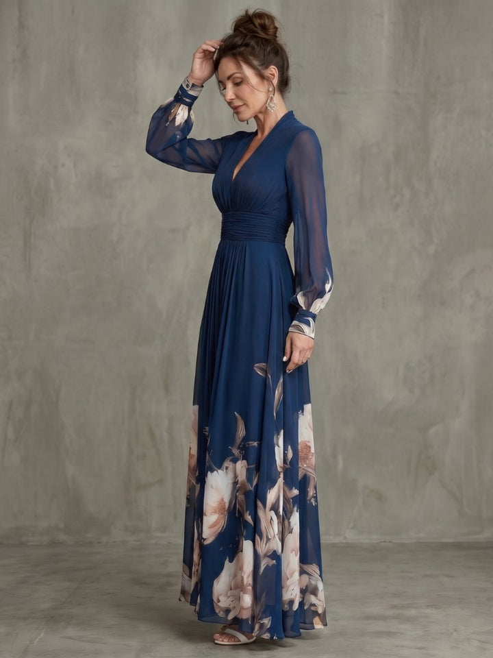 Women's Christmas Party Maxi Dress Pleated V-Neck Sheer Sleeves