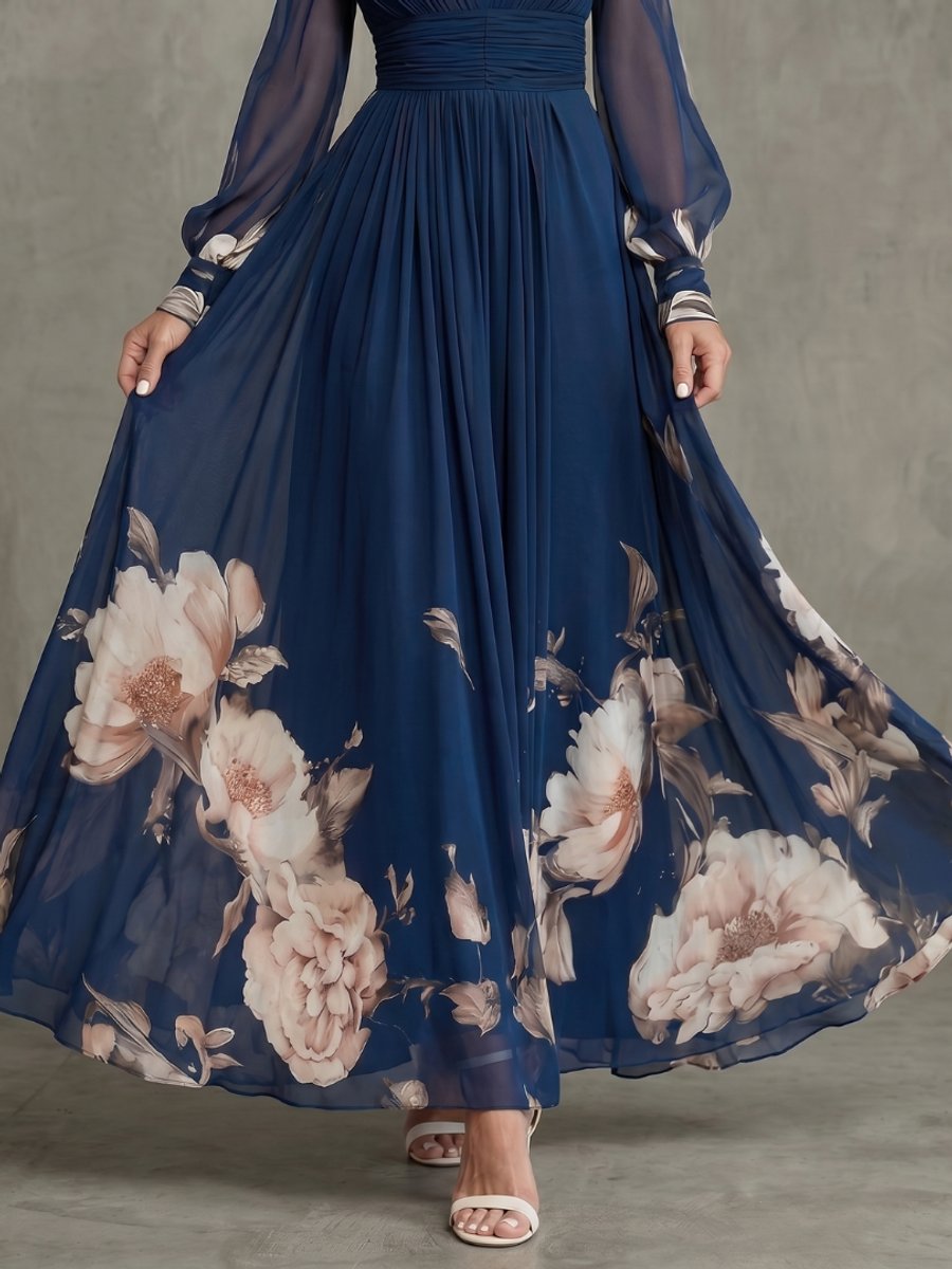 Women's Christmas Party Maxi Dress Pleated V-Neck Sheer Sleeves