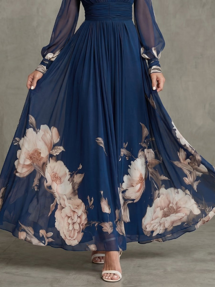 Women's Christmas Party Maxi Dress Pleated V-Neck Sheer Sleeves