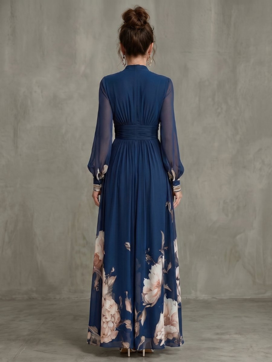 Women's Christmas Party Maxi Dress Pleated V-Neck Sheer Sleeves