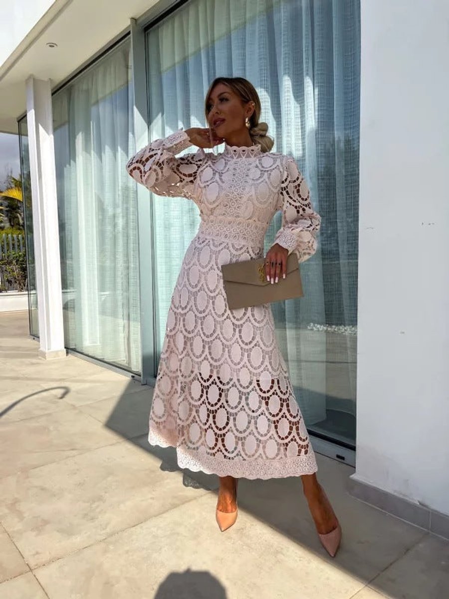 Women's Christmas Party Midi Dress High Neck Openwork Lace Puff Sleeve