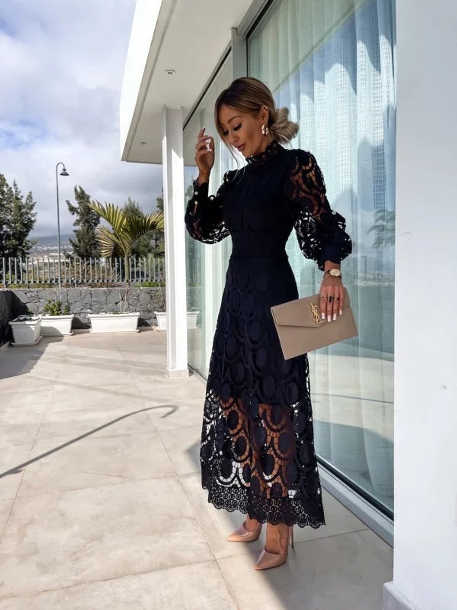 Women's Christmas Party Midi Dress High Neck Openwork Lace Puff Sleeve
