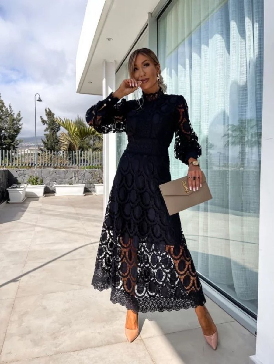 Women's Christmas Party Midi Dress High Neck Openwork Lace Puff Sleeve