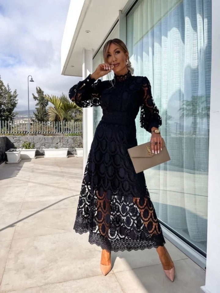 Women's Christmas Party Midi Dress High Neck Openwork Lace Puff Sleeve