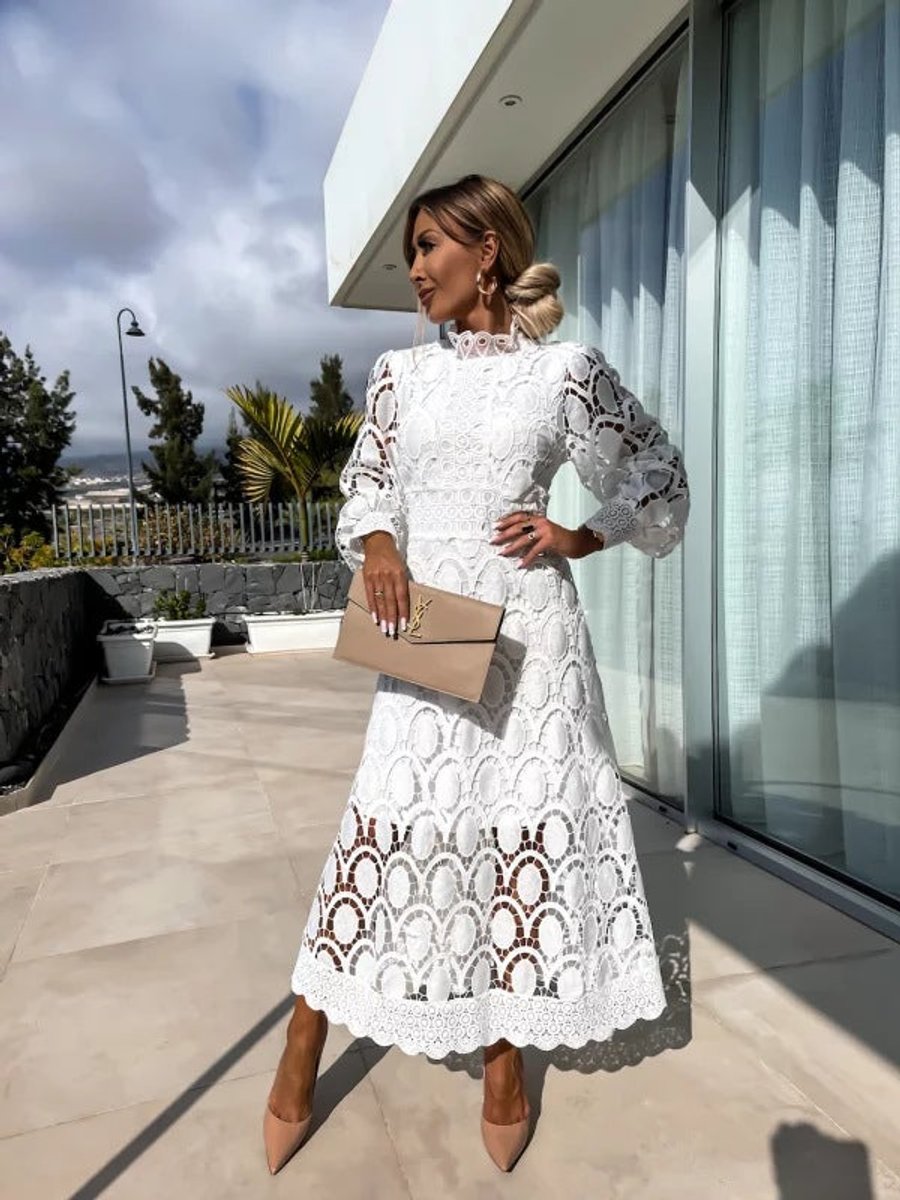 Women's Christmas Party Midi Dress High Neck Openwork Lace Puff Sleeve