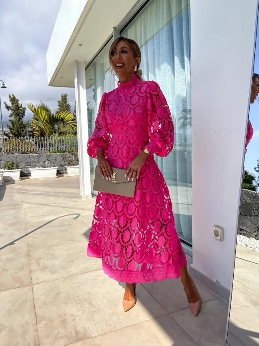 Women's Christmas Party Midi Dress High Neck Openwork Lace Puff Sleeve
