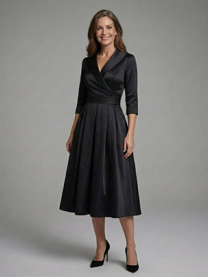 Women's Christmas Party Midi Dress Three-Quarter Sleeve Wrap Bodice