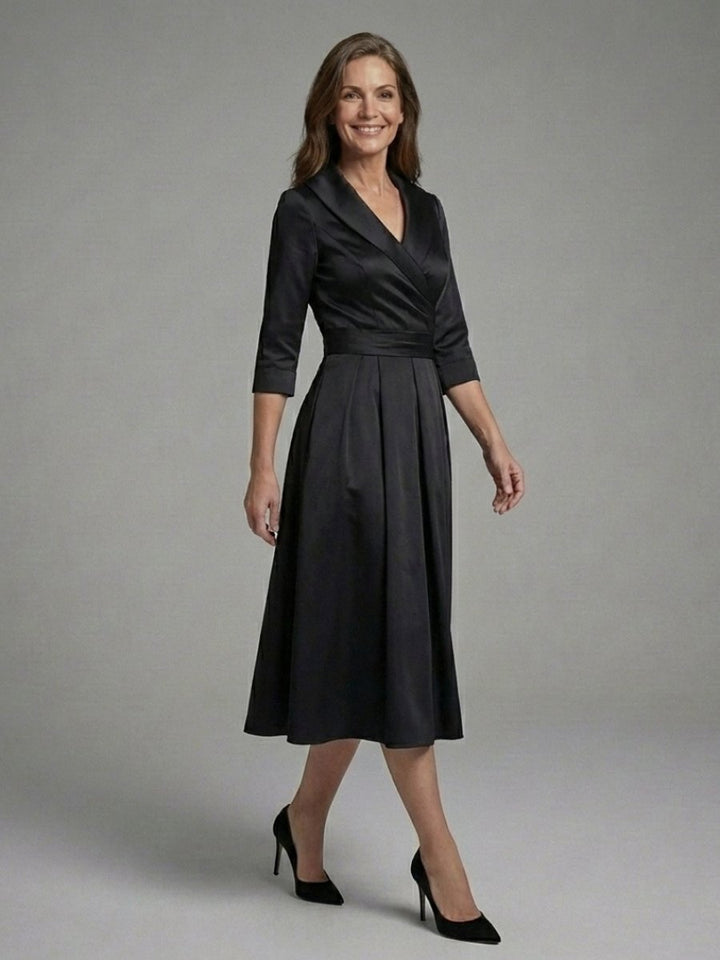 Women's Christmas Party Midi Dress Three-Quarter Sleeve Wrap Bodice