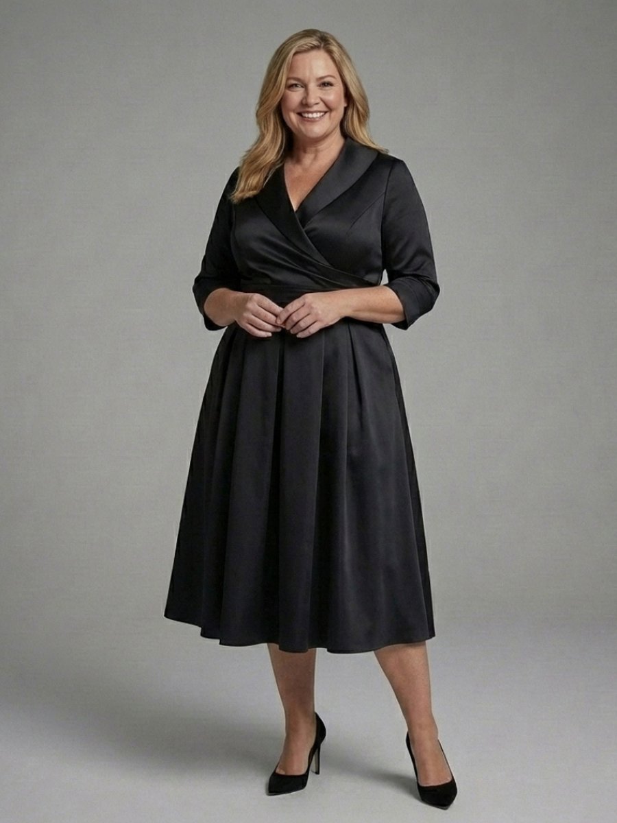 Women's Christmas Party Midi Dress Three-Quarter Sleeve Wrap Bodice